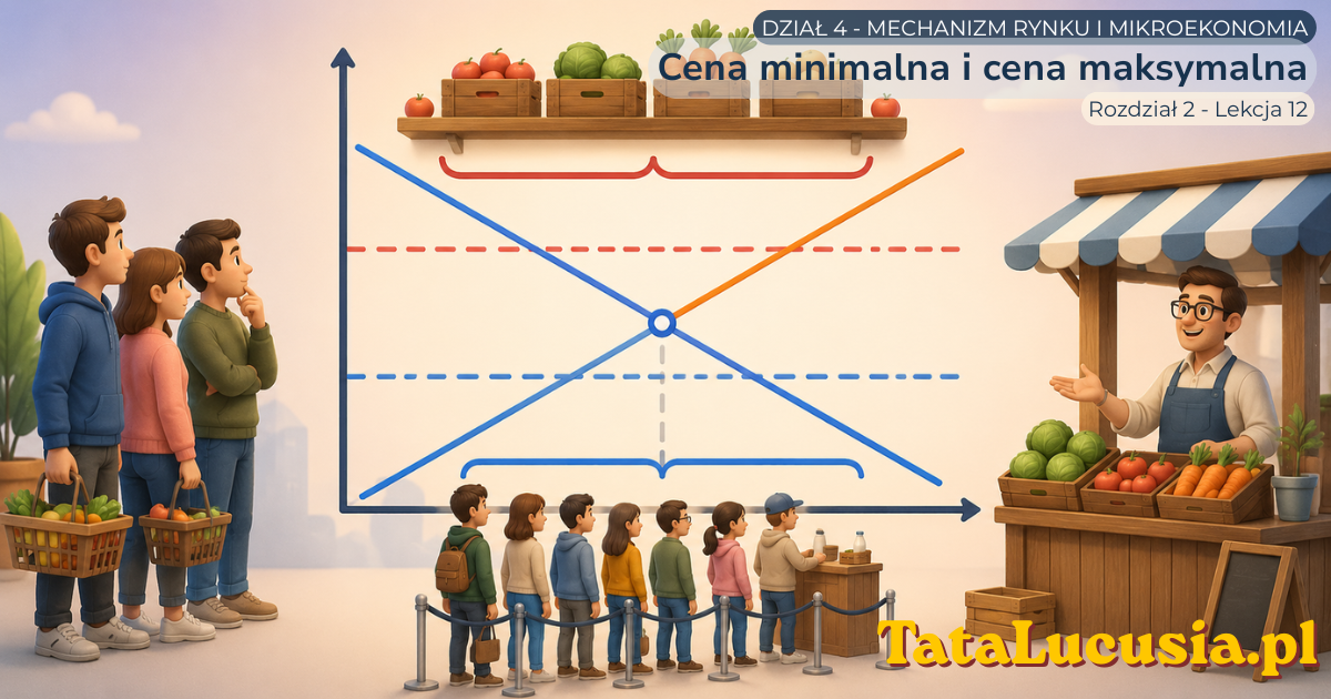 Pastelowa edukacyjna grafika przedstawiająca symboliczny wykres rynku z popytem, podażą, ceną równowagi oraz dwoma poziomami ceny regulowanej, bez napisów i bez cyfr.