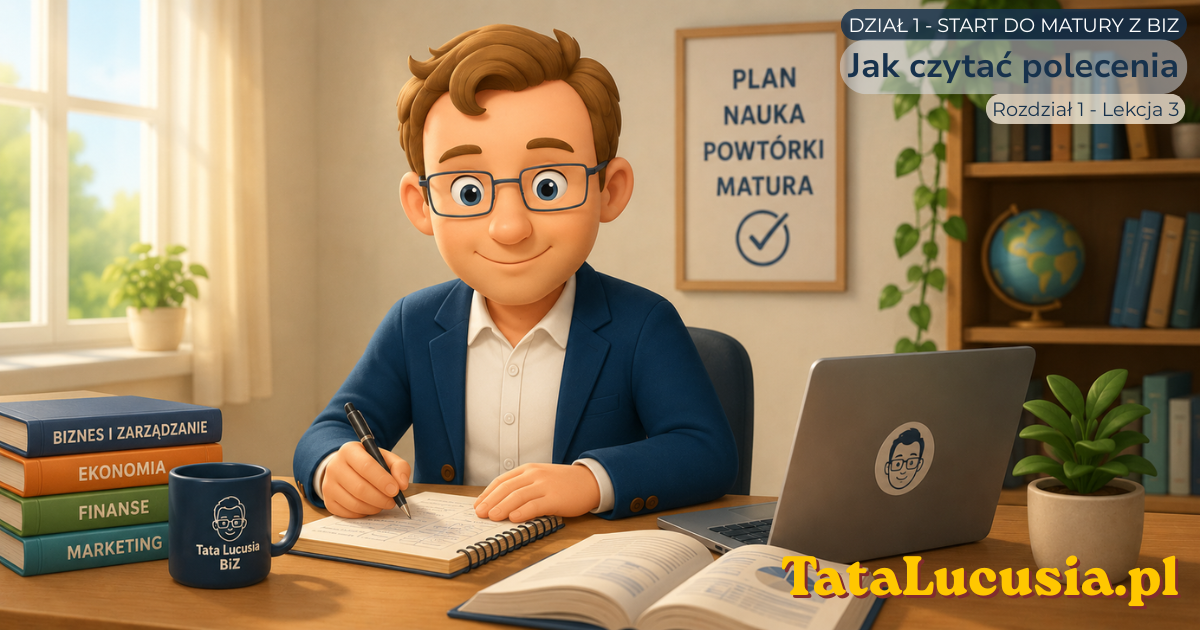 Symboliczna edukacyjna ilustracja Taty Lucusia pomagającego uczniowi analizować polecenia maturalne z BiZ: wymień, wyjaśnij, rozstrzygnij, uzasadnij, oceń i oblicz.