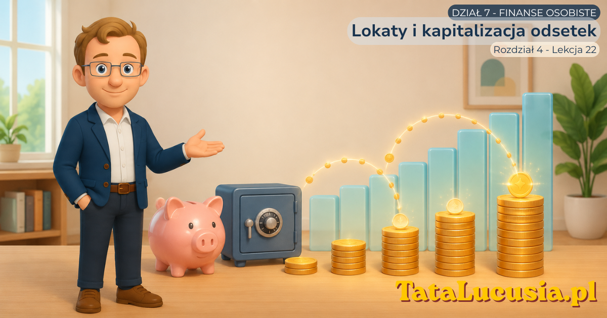 Symboliczna edukacyjna ilustracja lokaty bankowej: kapitał początkowy, dopisywane odsetki i rosnące słupki pokazujące efekt kapitalizacji.