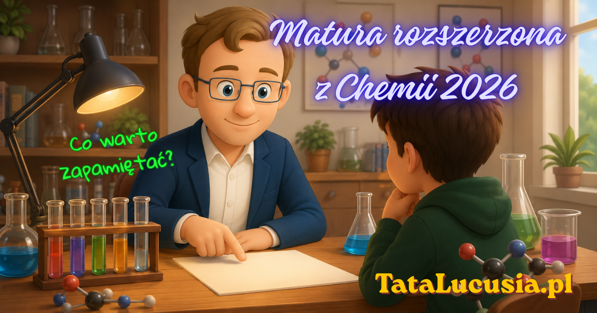 Pozioma ilustracja edukacyjna przedstawiająca arkusz maturalny z chemii na biurku, oświetlony jak mapa do rozwiązania; obok znajdują się szkło laboratoryjne, ołówek i symboliczne cząsteczki, a Tata Lucusia pomaga uczniowi spokojnie analizować warunek zada