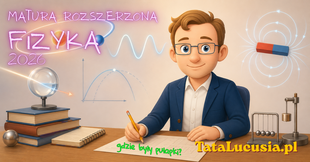 Szeroka grafika edukacyjna z Tatą Lucusia przy biurku, arkuszem maturalnym i symbolami fizyki: falą, orbitą, polem magnetycznym, soczewką i wykresem.