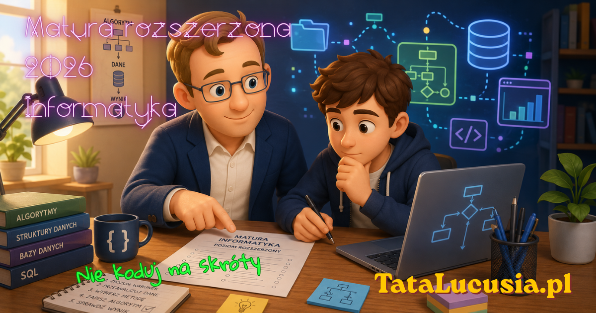 Pozioma ilustracja w stylu Tata Lucusia. Na biurku leży arkusz maturalny, obok laptop i symboliczne bloki danych, a Tata Lucusia spokojnie wskazuje najważniejsze miejsce w poleceniu.