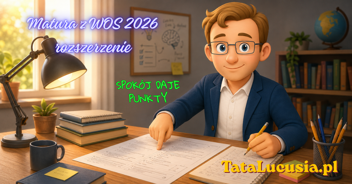 Szeroka ilustracja edukacyjna pokazująca arkusz maturalny z WOS-u leżący na biurku jak mapa. Tata Lucusia jako ciepły przewodnik wskazuje jeden fragment arkusza, a obok siedzi maturzysta z ołówkiem.