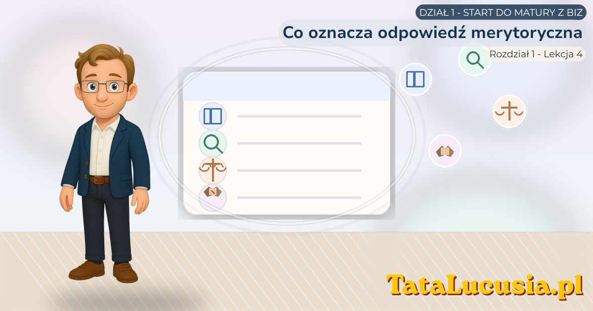 Uczeń sprawdza odpowiedź maturalną z biznesu i zarządzania przez cztery filtry: merytorykę, polecenie, prawo i etykę biznesu.