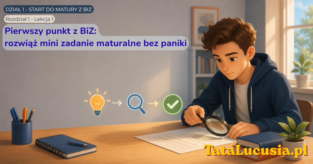 Uczeń analizuje krótkie zadanie z biznesu i zarządzania, korzystając z lupy, aby połączyć właściwą cechę osoby przedsiębiorczej z działaniem opisanym w źródle.